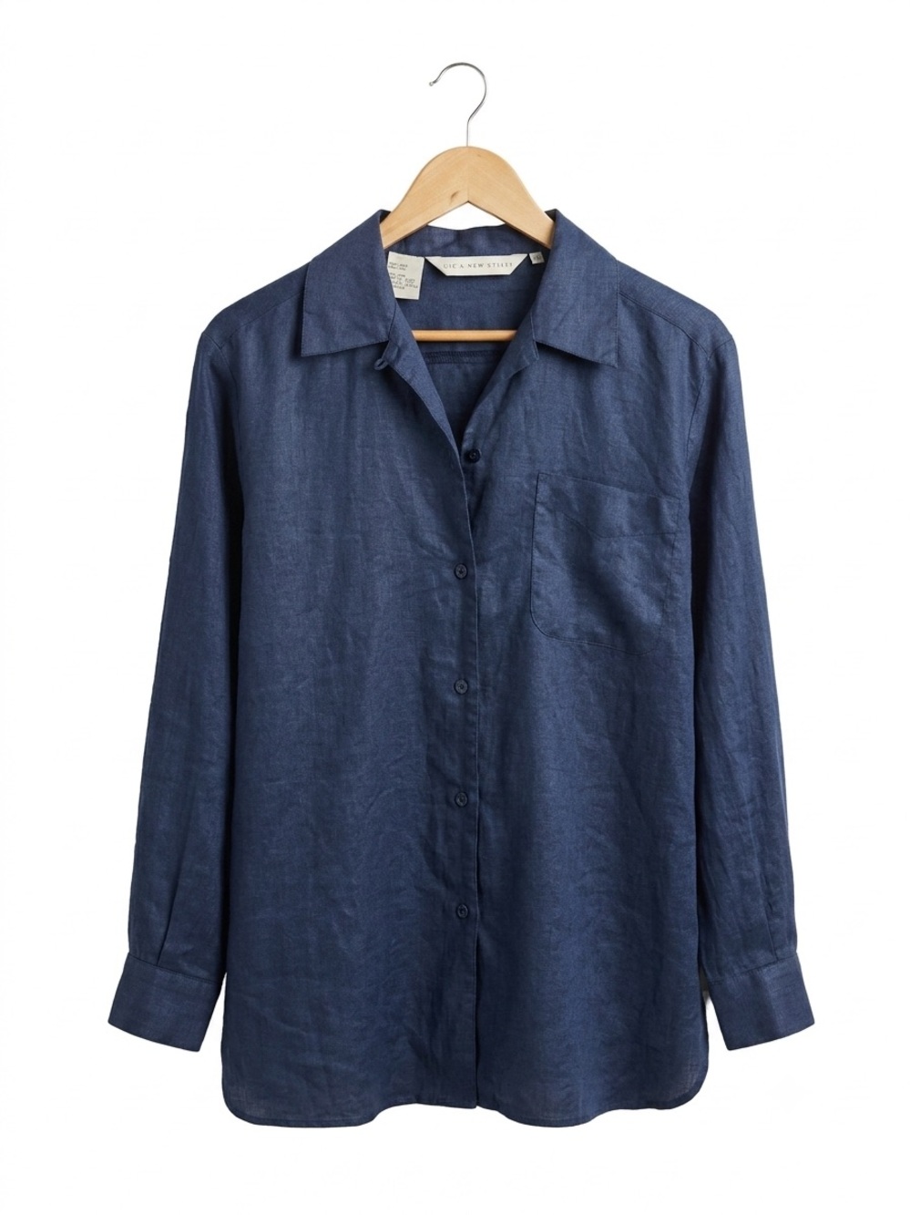 New Vision Vintage 100% Linen Button Down Shirt Navy Blue Medium